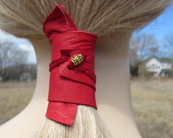 Ponytail Holder Beaded Hair Tie Red Leather Wrap Pony Tail Cuff Bohemian Hair Jewelry Z2010