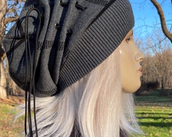 Women's Slouchy Beanies Knit Hat Black Charcoal Gray Cotton Bohemian Clothing Slouch Tams Leather Corset Lace Tie with Grommets A3043