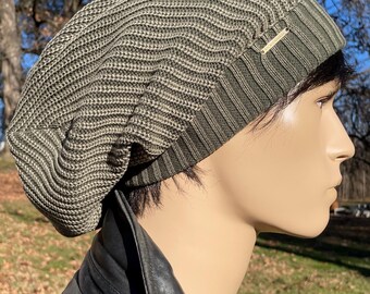 Oversized Slouch Dread Tam Hat Olive Green Distressed Acid Washed COTTON Streetwear Thick Bulky Baggy Beanie Post Apocalyptic Clothing A3094