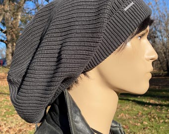 Men's Knit Hat Oversized Slouch Dread Tam Hat Charcoal Gray  Distressed COTTON Thick Bulky Baggy Beanie Winter hat A1894