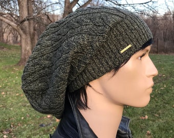 Olive Green Knit Slouchy Beanie Tam Men's Knit Hats Bohemian Clothing Trendy Baggy Cable, Olive Green Long Back Cotton Tam A2071