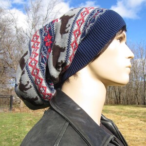 Ugly Christmas Sweater Hat Extra Long Dread Tam Men's  Cotton Knit Slouchy Beanie Labradore Retriever Dog Fair Isle Navy Blue Gray A1909