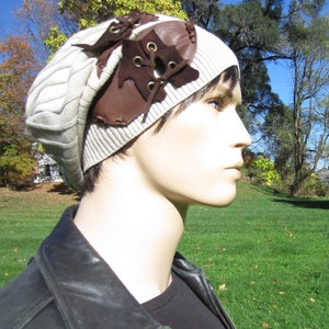 Reworked Post Apocalyptic Clothing Slouchy Beanie Hat Tan Cotton Brown Leather Belts Tam with Corset Laced Ties  A1780