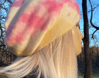 BOHO Cashmere Slouchy Beanie 100% Pure Cashmere Hat Ivory Tie Dyed Woman's Knit Slouch Tam Pink Purple Bohemian Festival Clothing A1717