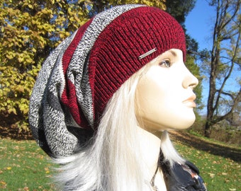 Long Striped Dread Tam Slouchy Beanie Women's Hats  Black, Gray & Red Cotton Knit Baggy Back Hat A1650