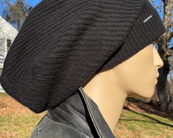 Luxury Extra Long Tam Cashmere Slouchy Beanie 100% Pure Cashmere Hat Men's Black THICK Rib Knit Designer Slouch Tam A3017