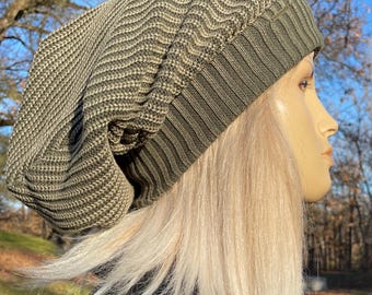 Post Apocalyptic Clothing Oversized Slouch Tam Hat Olive Green Distressed Acid Washed Thick Bulky Chunky Big Baggy Beanie A3094