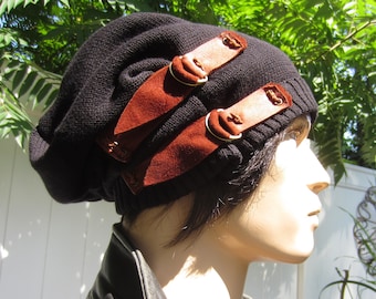 Men's Unique Hats VacationHouse Slouchy Beanies Reworked Clothing Brown or Black Leather Buckles 100% Cotton   A1972