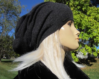 Extra Long Tam Cashmere Slouchy Beanie 100% Pure Cashmere Hat Woman's Charcoal Gray Grey Knit Slouch Tam A1717