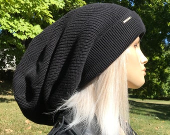 Extra Long Tam Thick Slouch Hat Black or Acid Washed Extra Long Distressed Big Head Bulky Chunky Baggy Beanie Black or Charcoal Gray A1894