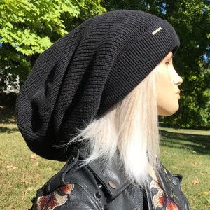 Extra Long Tam Thick Slouch Hat Black or Acid Washed Extra Long Distressed Big Head Bulky Chunky Baggy Beanie Black or Charcoal Gray A1894