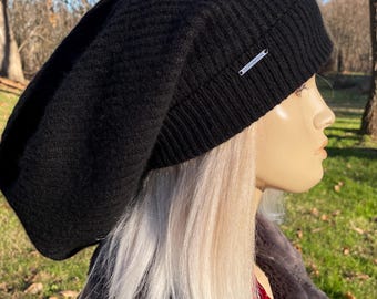 Luxury Extra Long Tam Mongolian Cashmere Slouchy Beanie 100% Pure Cashmere Hat Woman's Black THICK Rib Knit Designer Slouch Tam A3017
