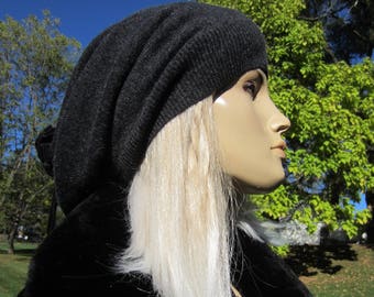 Cashmere Slouchy Beanie Hat Woman's Charcoal Gray Knit Slouch Tam 100% Pure Cashmere w/ Black Leather Tie Back Top A1717