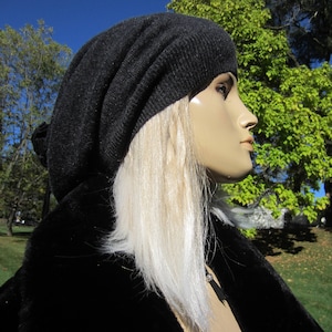 Cashmere Slouchy Beanie Hat Woman's Charcoal Grey Knit Slouch Tam 100% Pure Cashmere w/ Black Leather Tie Back Top A1717