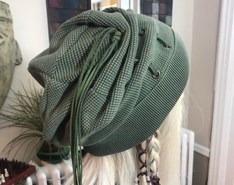 CUSTOM ORDER:  For Jan Acid Washed Slouchy Beanie Hat Olive Green Thermal Knit Leather Corset  Grommet Streetwear Clothing A2243