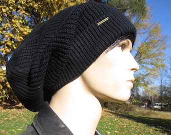 Extra Long Back Tam Big Thick Black Men&#39;s Knit Solid Black or Gray Slouch Beanie Bohemian Style Slouchy Hat Baggy Winter Beanies A1296