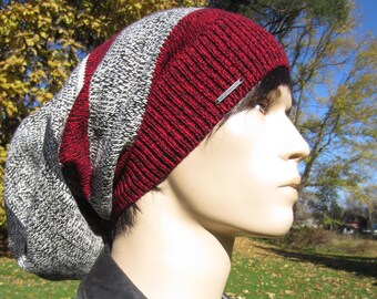 Long Striped Dread Tam Slouchy Beanie Men's Hats  Black, Gray & Red Cotton Knit Baggy Back Hat A1650