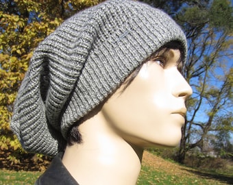 Slouchy Hat Wool Winter Beanie Bulky Thick Oversized Tam  Big Cuff Men's Gray Acrylic blend Knit Baggy Back Hat A1994