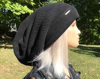 Thick Slouch Tam Hat Black or Acid Washed Extra Long Distressed Big Head Bulky Chunky Baggy Beanie, 2 Lengths 7 colors Charcoal Gray A1894