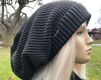 NEW! Post Apocalyptic Clothing Oversized Slouch Tam Hat Black Charcoal Gray Distressed Acid Washed Thick Bulky Chunky Big Baggy Beanie A1894