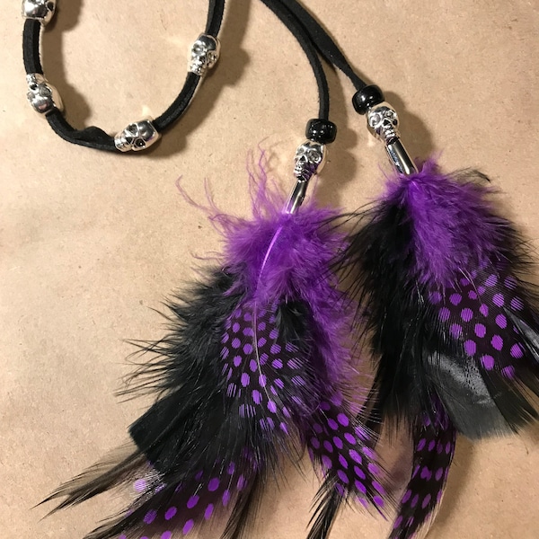 Skull Bead Hair Jewelry Extension Long Leather Wrap Ties Purple Feathers and Glass Beads Ponytail Holder Braid ins Sleeve Cover Z106F