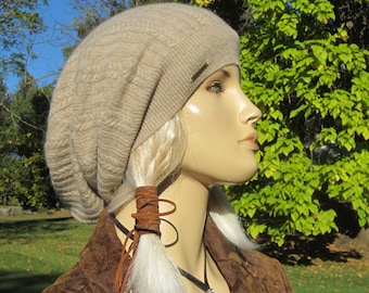 Cashmere Slouch Tam Slouchy Beanie Woman's Oatmeal Tan Cable Knit Hat Beige 100% Pure Cashmere A1828