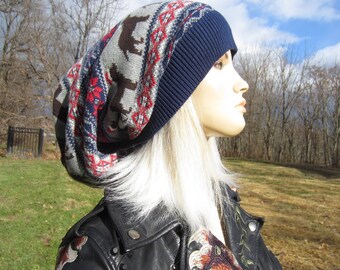 Dog Ugly Christmas Sweater Hat Extra Long Dread Tam Cotton Knit Slouchy Beanie Fair Isle Dreadlock Tam Navy Blue, Red, Gray Winter Hat A1909