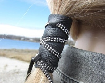 Black Leather Studded Hair Wrap Ponytail Holder Hair Jewelry Edgy Clothing Biker Wear Genuine Leather Z1010