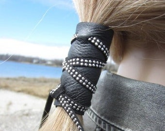 Black Leather Studded Hair Wrap Ponytail Holder Hair Jewelry Edgy Clothing Biker Wear Genuine Leather Z1010