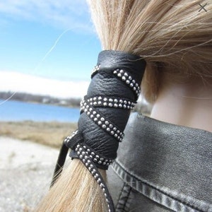 Black Leather Studded Hair Wrap Ponytail Holder Hair Jewelry Edgy Clothing Biker Wear Genuine Leather Z1010