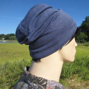 Cashmere Cotton Knit Hat Wide Cuff Beanie Men's Slouchy Blue Skull Cap A1576