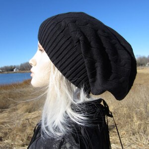 Slouch Tam Baggy Cable Knit Slouchy Women's Black Hat Long Back Cotton Dread Tam Thick Warm Winter Hat A1034