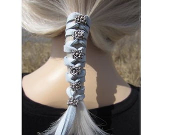 Hair Accessories Leather Hair Ties, Beaded Wraps Bohemian Clothing Ponytail Holders Braid in Blue Gray Braid in Z106