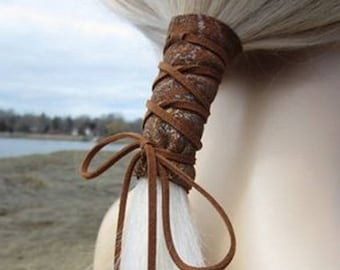 Paardenstaarthouder Haarelastiekje Bruin Paisley Gedrukt Leren Wrap Paardenstaart Manchet Haarsieraden Z1010