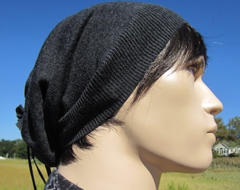 Merino Wool Hats Mens Slouchy Beanies Charcoal Gray Tam Black Leather Tie Back A1001