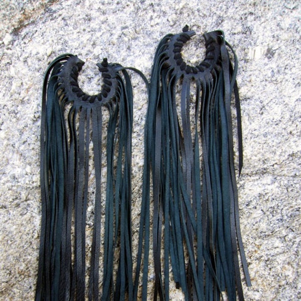 Black Leather Fringe Earrings Bohemian Jewelry, Urban Warrior Long Chandelier Dangle Silver Hoops