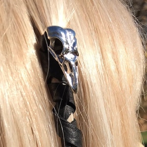 Raven Skull Bead Hair Jewelry Black Genuine Leather Ties Ponytail Holder Biker Goth Halloween Bird Skeleton Wrap Braid in Hair Z1066