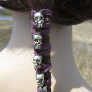 Skull Hair Jewelry Leather Hair Ties Ponytail Holder Biker Goth Punk Horror Wrap Extensions Purple Black Z106