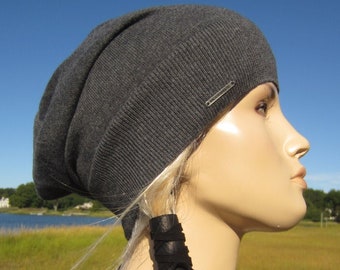 Basic Cashmere Slouch Beanie Hat Charcoal Gray Tam Women's Hats Cotton Blend A792