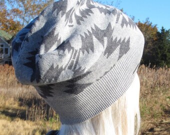 Tribal Print Slouchy Beanies Knit Hat Distressed Gray Slouch Saggy Tie Back Grey Cotton Bohemian Clothes A1673