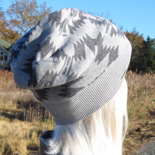 Tribal Print Slouchy Beanies Knit Hat Distressed Gray Slouch Saggy Tie Back Grey Cotton Bohemian Clothes A1673