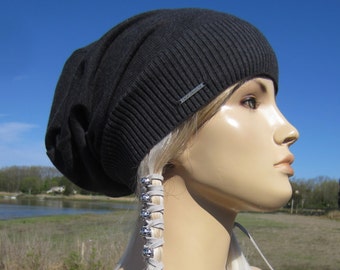 Women's Oversized Tams Slouchy Beanie Hats Cotton Lightweight Fine Knit hat Charcoal Gray A1385