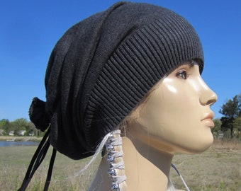 Reworked Clothing Spider WEB Sweater knit Hat Women/'s Black Tams Hats Big Head Slouchy Beanies Cotton Hand Knit Overlay A2022