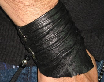 Crushed Black Leather Cuff Bracelet, Hand Made Sculpted Wrinkled Leather Wrist Band Men's Women's Urban Warrior Jewelry Wristband Wrap L2001
