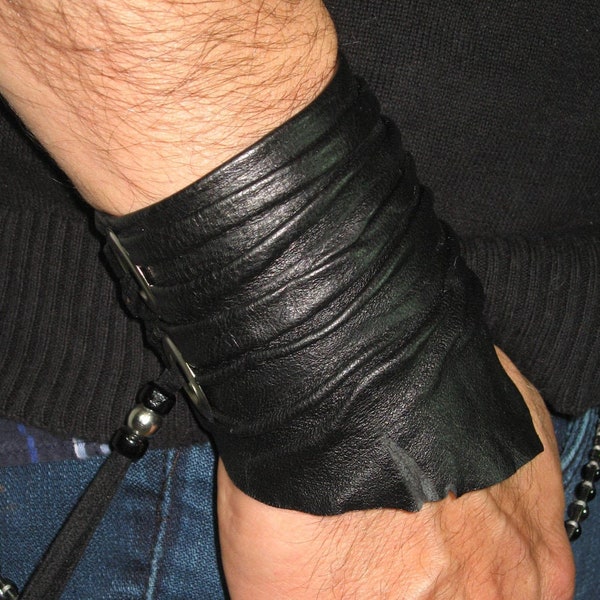 Crushed Black Leather Cuff Bracelet, Hand Made Sculpted Wrinkled Leather Wrist Band Men's Women's Urban Warrior Jewelry Wristband Wrap L2001