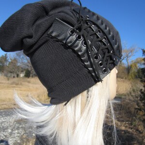 Edgy Bohemian Clothing Slouchy Beanie Black Leather Corset Lace Ties Acid Washed Cotton Knit Hat Musician Rocker Men & Women A1348