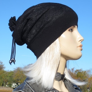 Black Silk Lace Beanie Pearl Slouchy Beanie Women&#39;s Black Lace Hat Lightweight Silk & Cotton  Genuine Fresh Water Pearls A1202