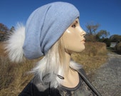Real Fur Pom Pom Hats Cashmere Slouchy Beanie 100 Pure Cashmere Bobble Hat Light Baby Blue Womens Baggy Back Tam A49 C POM