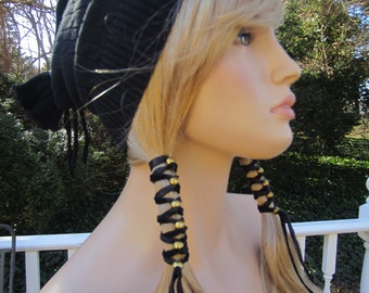 2 Leather Hair Wraps Ponytail Holder Extensions Black Leather Antique Brass Gold Beads Z106
