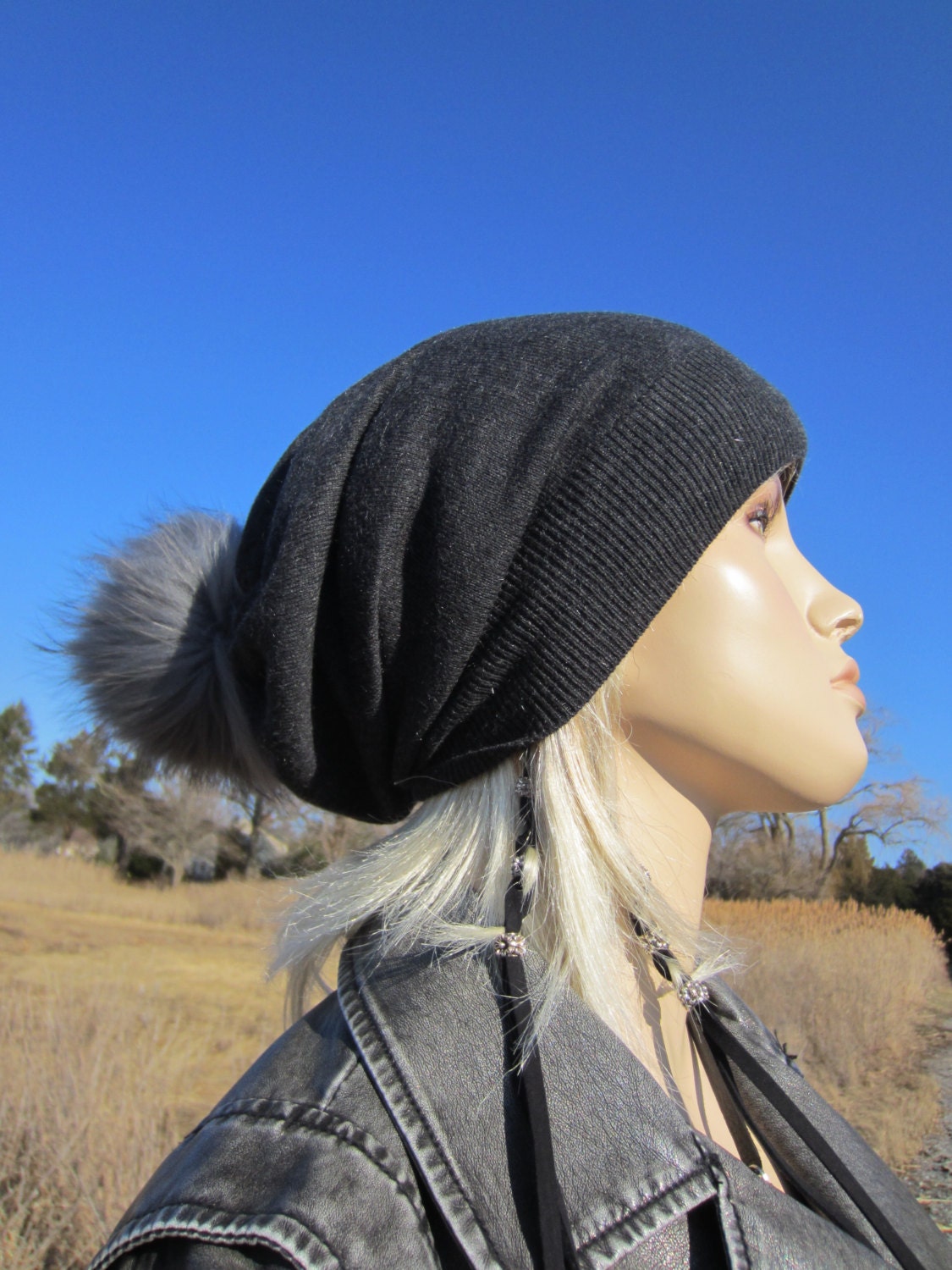 New Custom Designed Navy Cashmere Blend Pom Slouchy Beanie with Blue Heart Reversible Slouchy Red Cashmere Hat with Blue Heart and  main image 4